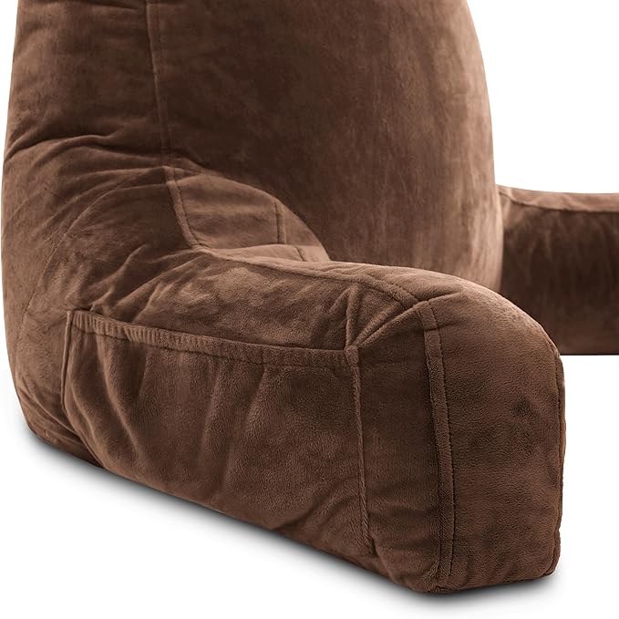 Husband Pillow XXL - Reading Pillow Bed Chair with Arms & Back Support - Chocolate - Back Pillow for Bed Sitting Up - BedRest Arm Pillow - Comfy Reading Pillow for Adults