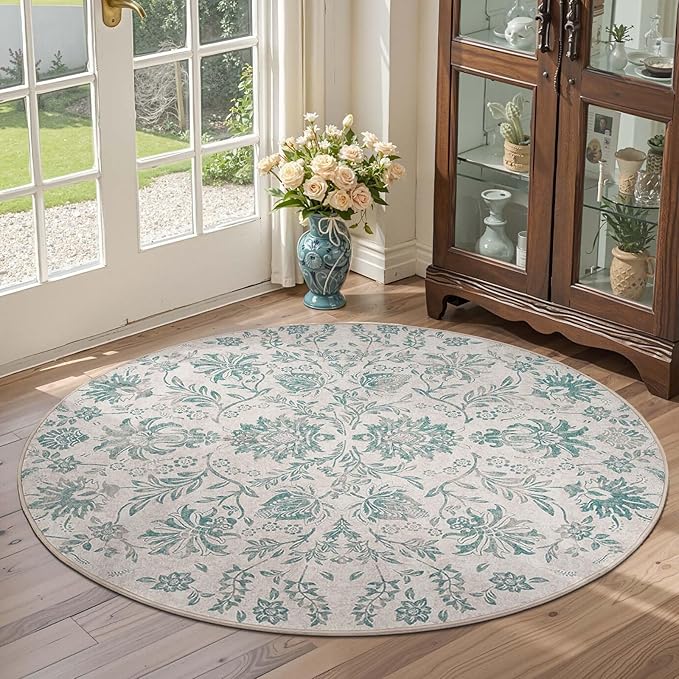 jinchan Torino Classic Floral Round Rug 4ft Vintage-Inspired Design 4’Circle Rug, Machine Washable Ultra-Thin Low-Pile Non-Slip Indoor Carpet for Bedroom Dining Room Living Room Entryway