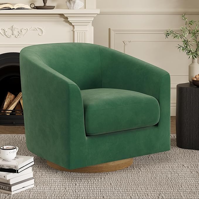 Swivel Barrel Accent Chair with Solid Wood Base, Round Velvet Living Room Arm Chairs, Modern Upholstered Comfty Reading Nook Chairs for Bedroom, Club Armchair, Single Sofa Side Chair, Green