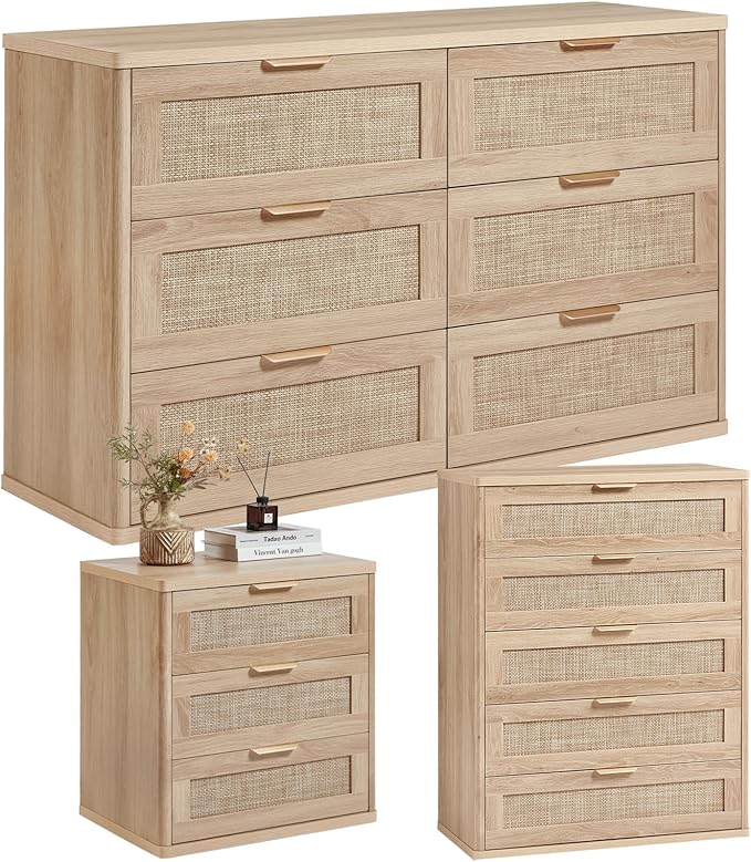 LEYAOYAO Rattan Dresser and Nightstand Sets 3, Boho Wood Dresser for Bedroom with 6 Drawers and Night Stand with 3 Drawer, Bedroom Furniture, Dressers & Chests of Drawers, Living Room, Hallway
