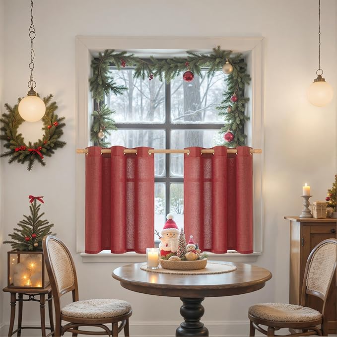 YoungsTex Red Linen Kitchen Curtains 36 Inch Length, Short Light Filtering Drapes Semi Sheer with Bronze Grommet Lightweight for Cafe Bathroom Window, 42 x 36 Inch, 2 Panels
