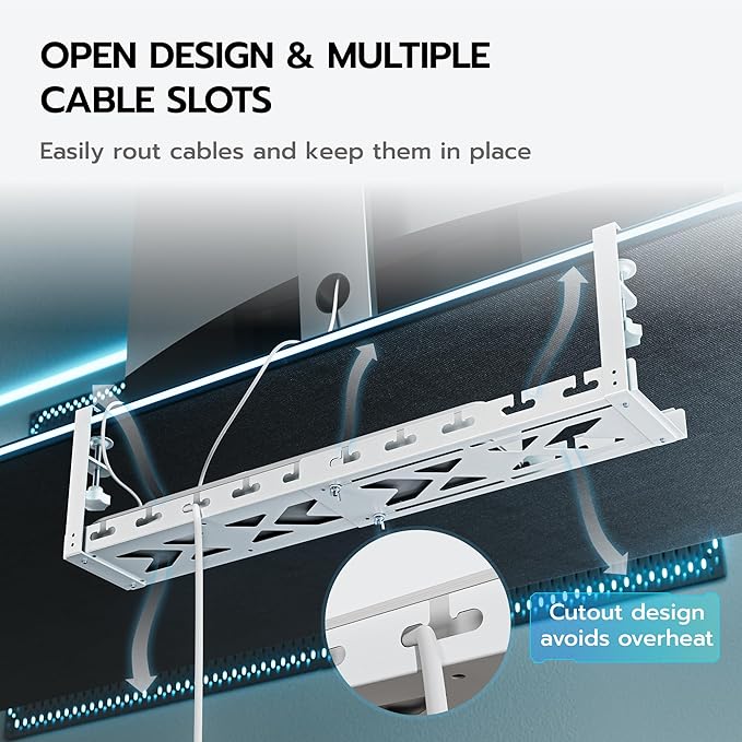 ARES WING 17"-28.7" Extendable Under Desk Cable Management Tray with Cable Slots, Clamp On Cord Organizer Holds Up to 11 lbs, White Metal Under Desk Storage for Office and Gaming Accessories
