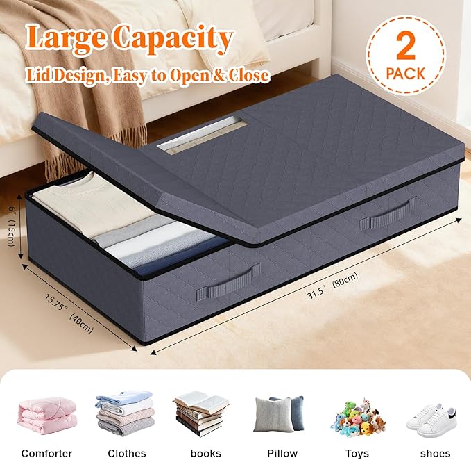Under Bed Storage Containers with Lids - 2 Pack, Foldable and Stackable Clothes Storage Bags with Clear Window, 3-Sided Handles and Label Slot for Clothing, Blankets, Pillows (Grey)