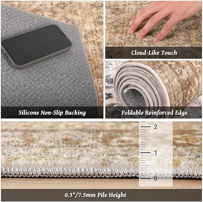 Washable 3x5 Entryway Rug, Boho Non-Slip Vintage Distress Small Rugs for Kitchen Nursery Office Bedroom, 0.3" Neutral Oriental Throw Thin Carpet with Cushioning Pad, Brown/White/Multi