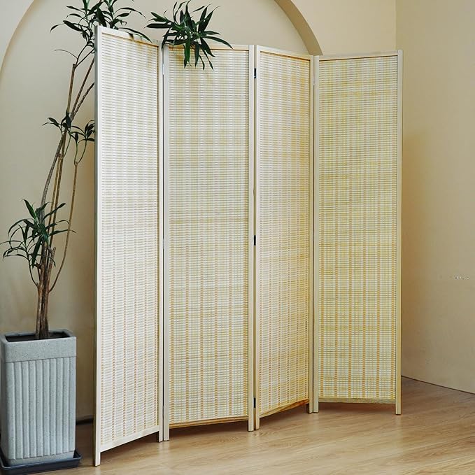 Furnnylane 4 Panel Bamboo Room Divider and Folding Panel Screen,Bamboo Panel Divider for Room Separation,Beige,67" H x 61.4" W