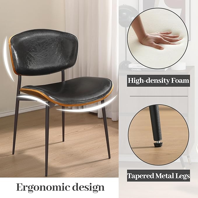 Art Leon Dining Chairs Set of 4, Walnut Bentwood, Mid Century Modern Dining Room Chairs, Faux Leather Upholstered Desk Chair with Black Metal Legs, Black
