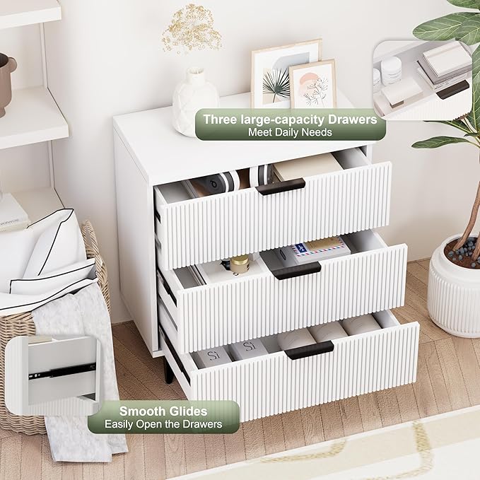 Royal Windsor Fluted Nightstand with 3 Drawers, Side End Table, Accent Storage Cabinet,Modern Night Stand Bedside Table for Bedroom,White