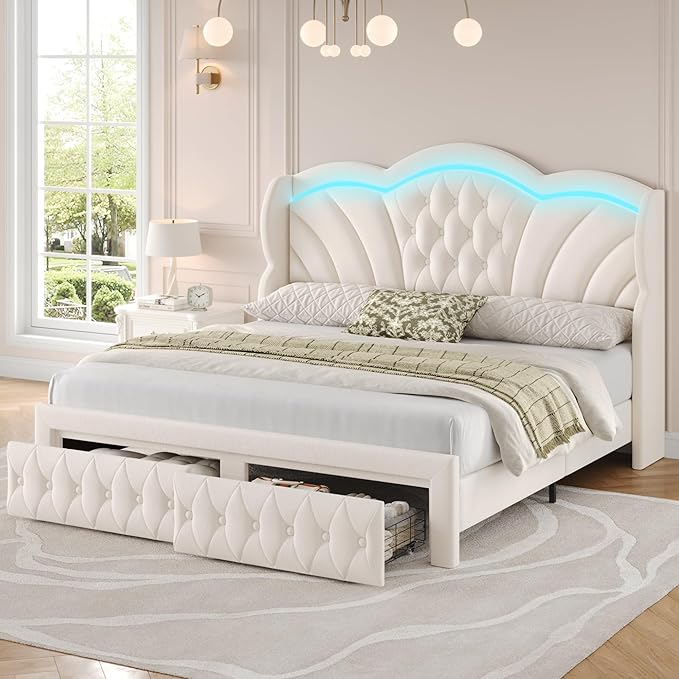 Keyluv King Bed Frame with LED Lights and 2 Storage Drawers, Velvet Upholstered Platform with 47" Tall Arc-Shaped Wingback Headboard and Button Tufted Design, No Box Spring Needed, Noise-Free, Beige