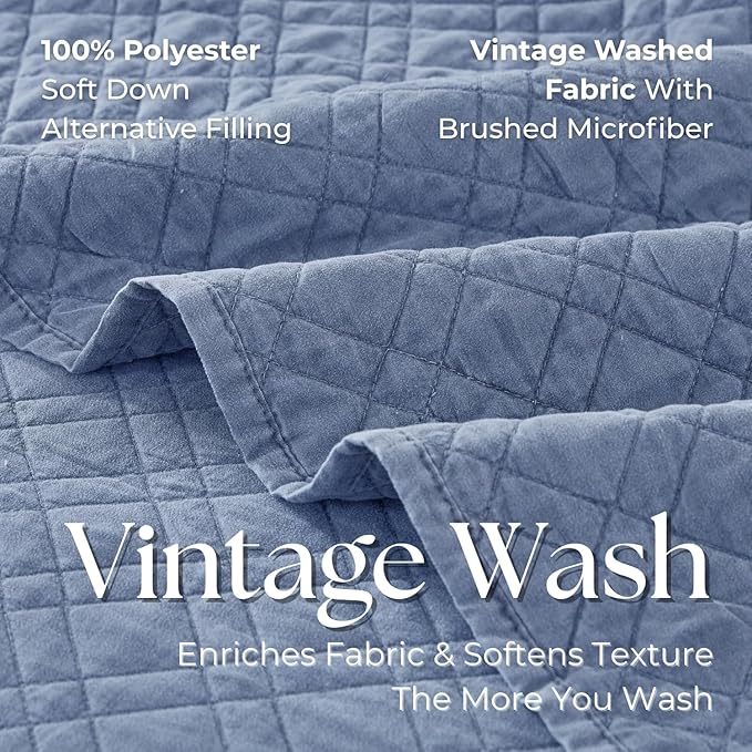 DOWN HOME Twin Quilt Set with Sham Lightweight Quilted Bedspread Coverlet Thin Comforter Bed Cover Vintage Washed Quilted Blanket for All Season, Brushed Microfiber Diamond Stitching, Blue, 66"x92"