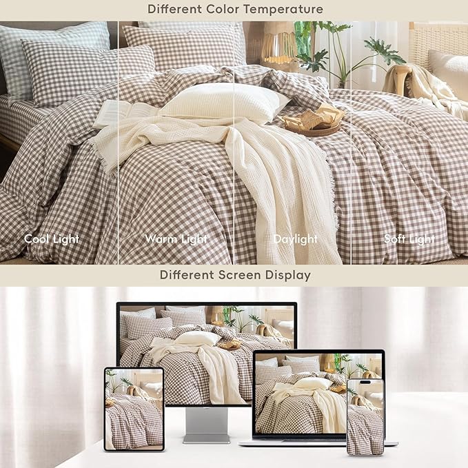 MooMee Gingham Duvet Cover Set 100% Washed Cotton Linen Like Textured Breathable Durable Soft Comfy Modern Checkered Design (Brown Gingham, King 104"x90")