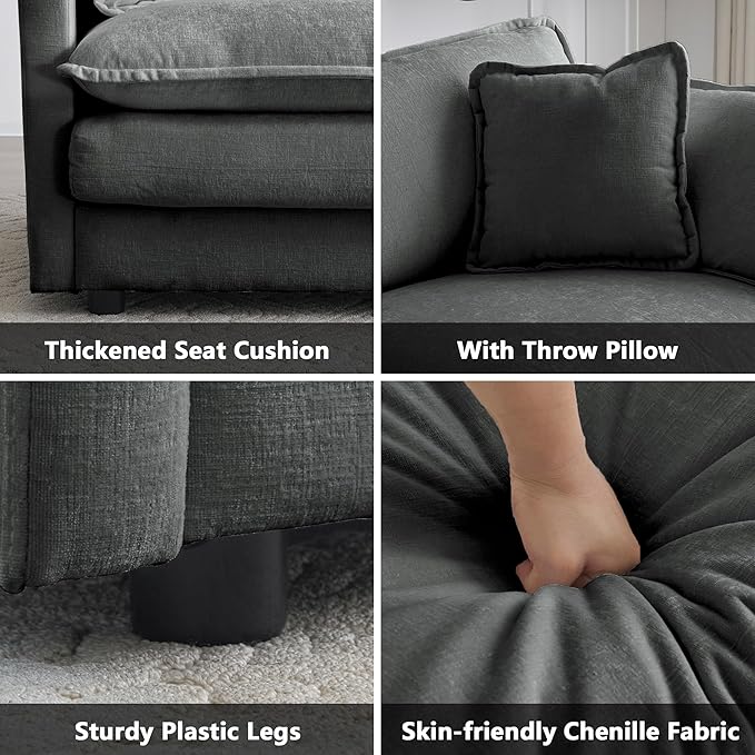 mikibama 41.4" W Single Seat Sofa, Chenille Comfy Deep Upholstered Couch Armchair with Toss Pillow for Living Room Bedroom Office Apartment, Grey