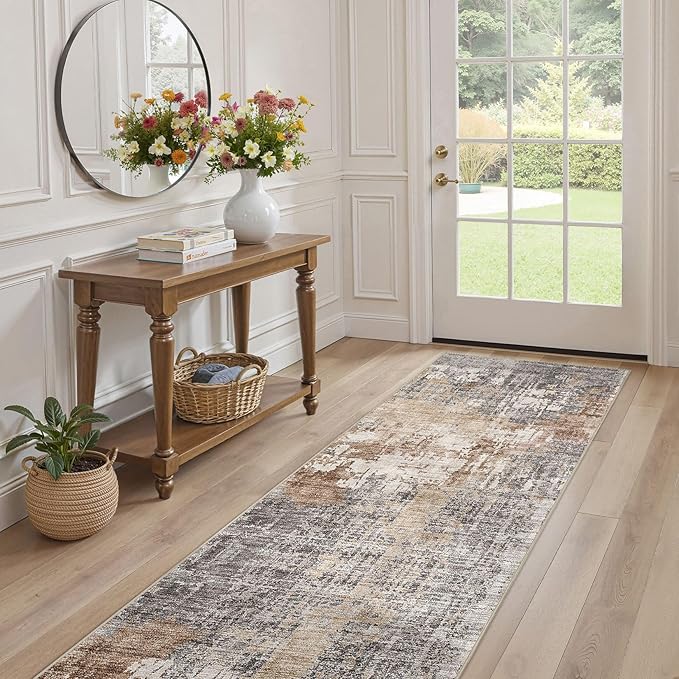 Washable Runner Rug for Hallway: 2.6x12 Neutral Modern Abstract Low Pile Area Rug with Non-Slip Backing - Carpet for Bedroom Kitchen Laundry Entryway Bathroom Indoor - Grey Brown