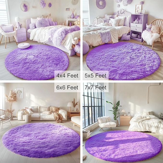 OLANLY Purple Round Rugs for Bedroom - Machine Washable, 8 ft Circle Area Rugs for Living Room, Soft and Fluffy Shaggy Carpet for Teen Girls and Boys, Nursery Rooms, Dorms, Home Decor Aesthetic