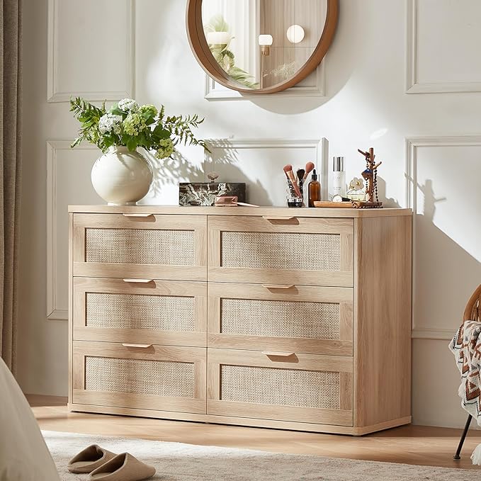 LEYAOYAO Rattan Dresser and Nightstand Sets 3 Piece, Boho Wood Dresser for Bedroom with 6 Drawers and Night Stand with Charging Station, Bedroom Furniture, Dressers & Chests of Drawers, Living Room