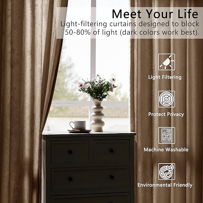 SMILETIME Amber Beige Crushed Velvet Curtains 52x108inch Rod Pocket Luxurious Thermal Insulated Soundproof Drapes Soft and Durable Light-Filtering Window Treatments for Living Room Bedroom, 2 Panels