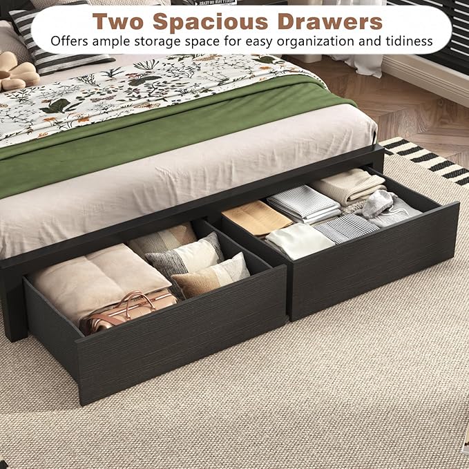 Farmhouse King Bed Frame with Bookcase Storage Headboard, Charging Station, LED Light and 2 Storage Drawers, Noise Free, No Box Spring Needed, Black