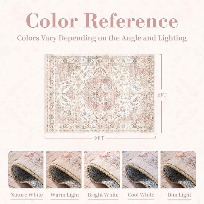 PADOOR 6X9 Area Rug,Rugs for Living Room,Soft Pink Rugs for Bedroom,Machine Washable Rug Non Slip Carpet for Dining Room Living Room Bedside Office