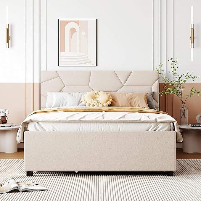 Full Size Bed Frame with Twin Size Trundle and 2 Storage Drawers,Linen Upholstered Platform Bed Frame Full with Brick Pattern Headboard,Solid Wood Slat Support,No Box Spring Needed,Beige