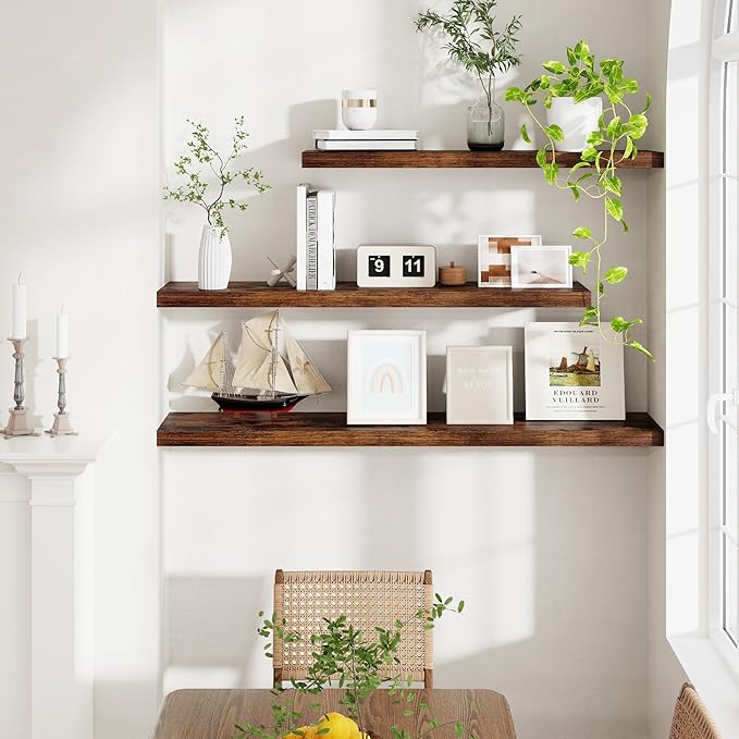 Floating Shelves for Wall, 36 x 9.3 Large Floating Shelf Wall Mounted Set of 2, Rustic Wood Shelves for Bathroom, Kitchen, Living, Heavy-Duty Storage Deep Shelf for Books, Decor, Rustic Brown