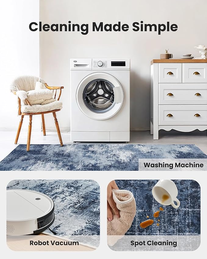 AMADA HOMEFURNISHING 8x10 Area Rugs for Living Room, Modern Washable Rug with Non-Slip Backing & Low Pile, Large Rug with Abstract Pattern for Bedroom, Dinning Room,Home Office, Dark Blue