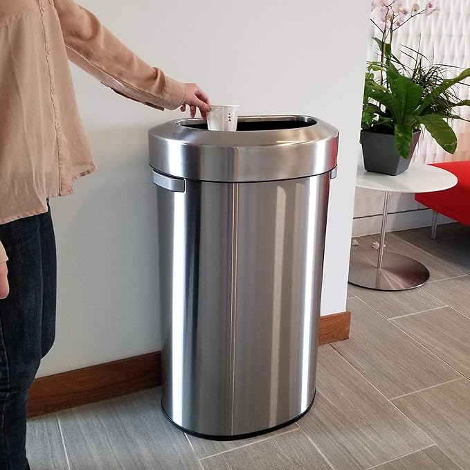 iTouchless 23 Gallon / 87 Liter Stainless Steel Trash Can and Recycle Bin, Slim and Space-Saving Design for Home, Office, Kitchen, Restaurant, Restroom, Large Capacity, Open Top, Semi Round