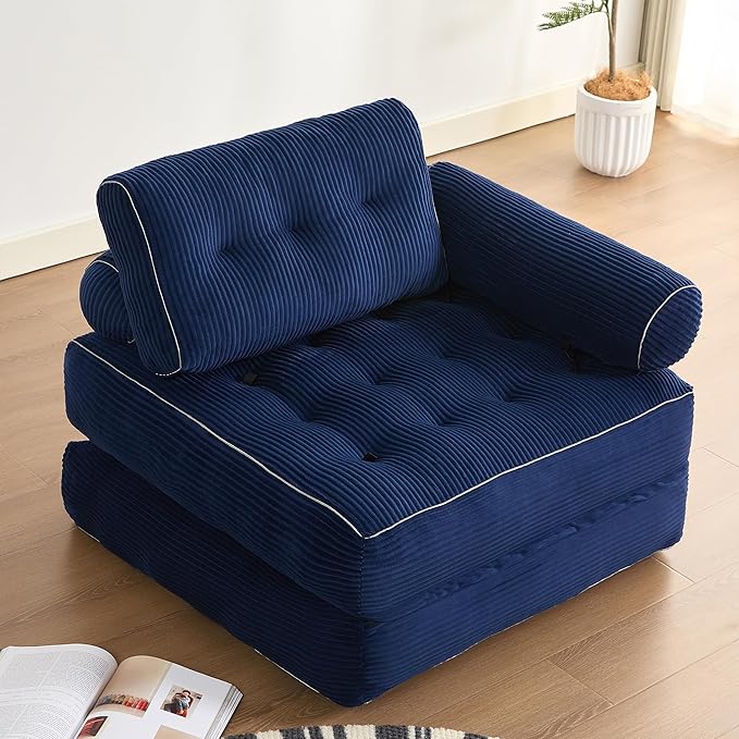Plus Futon Sofa Bed for Small Spaces, Floor Couch with Armrest, Folding Sofa Couch, Convertible Sleeper Chair Bed with Pillow, Portable Comfy Floor Lounge for Living Room and Bedroom, Blue