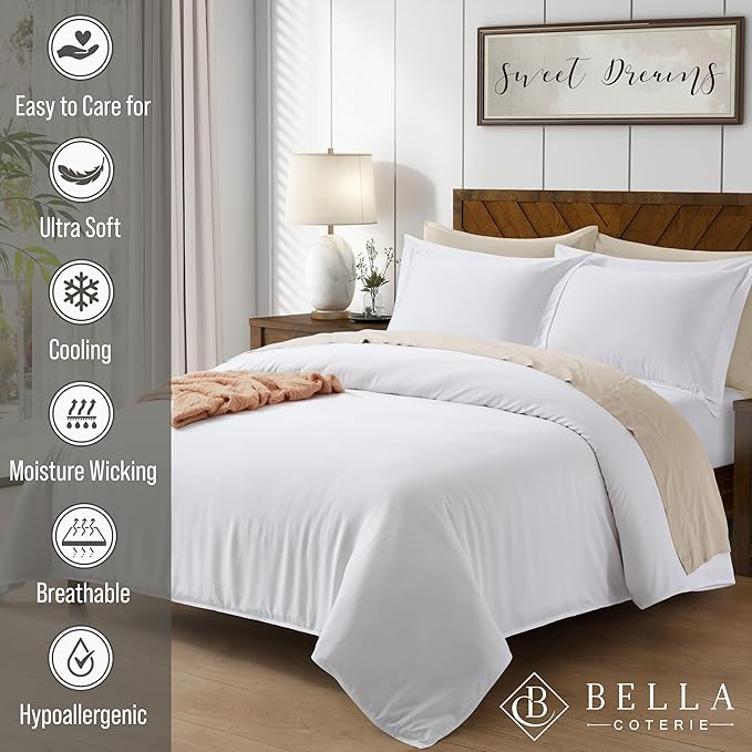 Bella Coterie Luxury Bamboo Viscose California King Size Duvet Cover Set | 100% Organically Grown | Corner Ties | Ultra Soft | Cooling | Two Pillow Shams | 106 x 94 | No Insert [White]