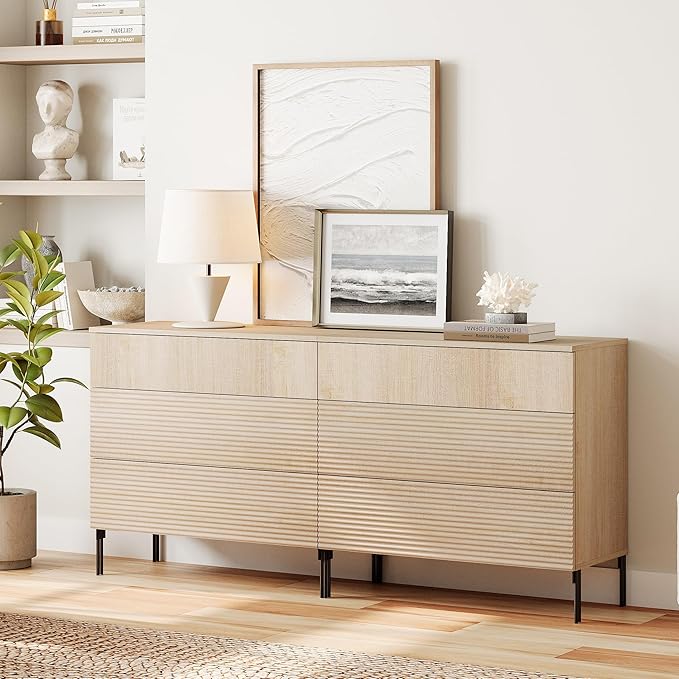 WAMPAT 63" W Fluted Dresser for Bedroom, Modern 6 Drawer Dresser TV Stand with Hidden Handles, Wooden Chest of Drawers Closet Clothes Storage Organizer for Bedroom, Living Room, Beige