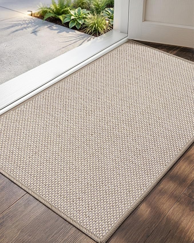Color&Geometry Ultra-Thin Indoor Door Mat, 32"x48" Low-Profile Non-Slip Entryway Rug with Modern Geometric Texture, Washable Doormat for Indoor Entrance, Front Door, Khaki (Rolled-up NO Creases)