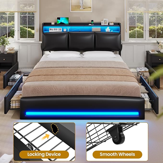 VIAGDO Full Size Bed Frame with Storage Headboard and Charging Station, Leather Upholstered Bed Frame Full Size with 4 Drawers and LED Lights, Type C and USB, No Box Spring Needed, Black
