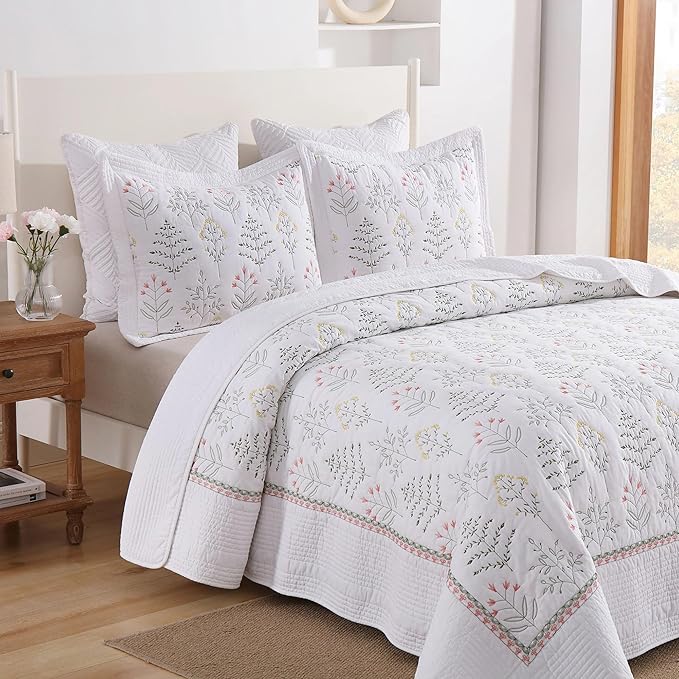 MarCielo 3-Piece 100% Cotton Oversized Bedspread Lightweight Quilt Coverlet Embroidery Farmhouse Bedding Set(TL Floral White,Oversized Queen (100"x106"))