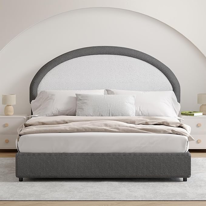 Full Size Bed Frame, Boucle Upholstered Platform Bed Frame with Headboard, Grey Bed Frame, Soft Rounded Corners, No Box Spring Required, Easy Assembly