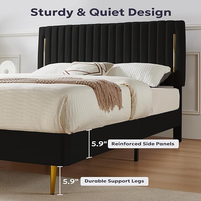 Full Platform Bed Frame, Velvet Upholstered Bedframe with Vertical Channel Adjustable Headboard, Golden Plating Trim, Mattress Foundation with Wooden Slats, No Box Spring Needed, Black