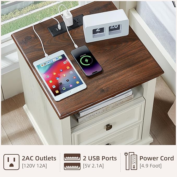 SAVOR LIFE Farmhouse Side Table with Charging Station, Antique Nightstands with Drawers, Bedside Table with Open Shelf for Bedroom, White