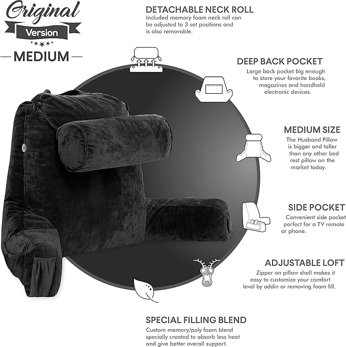 Husband Pillow Medium Black, Backrest for Kids, Teens, Petite Adults - Reading Pillows with Arms, Adjustable Loft, Plush Memory Foam, Bed Rest Chair for Sitting Up, Detach Neck Roll, Removable Cover