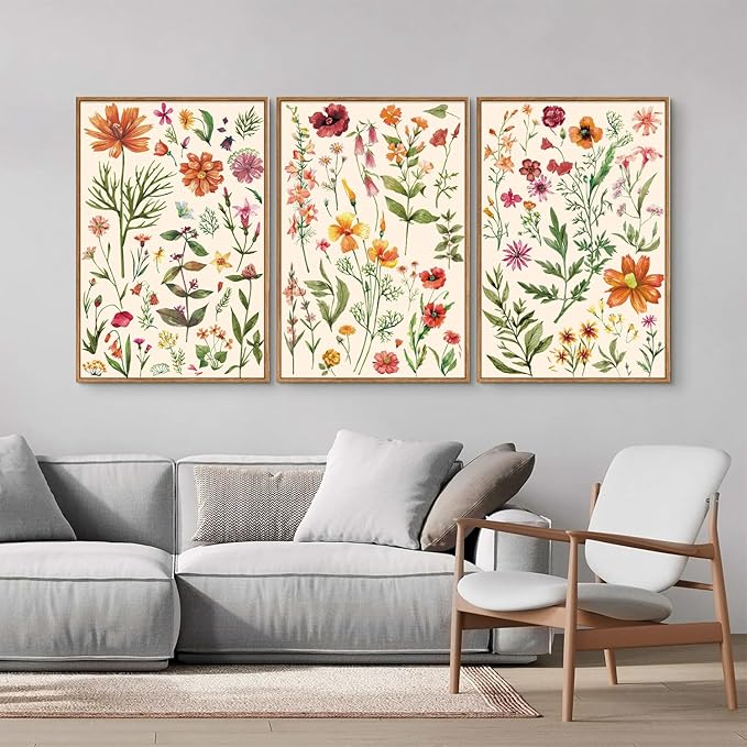 YeeHomedec Boho Wildflower Framed Canvas Wall Art, Colorful Vintage Floral Wall Decor, Watercolor Modern Flower Art Paintings, Neutral Botanical Picture Artwork for Girl Bedroom Living Room 16"x24"x3
