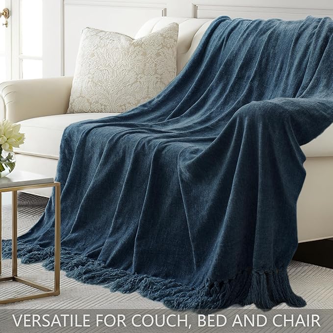 Chenille Throw Blanket for Couch 50"X 60", Soft Cozy Throws with Fringe Tassel for Bed Sofa Chair Cover, Lightweight Knitted Decorative Boho Blankets for Living Room, Navy Blue