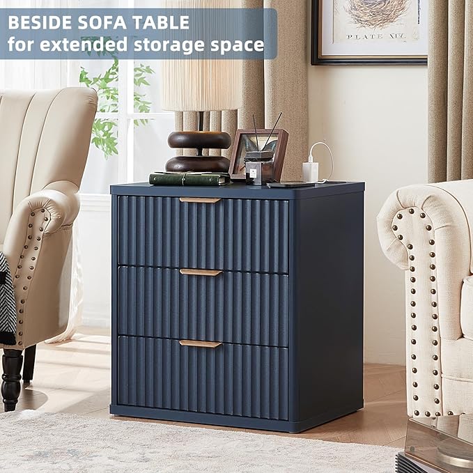 LEYAOYAO 23" Wide Fluted Farmhouse Night Stand Set of 2 with Charging Station, 3 Drawers Large End Table w/Metal Handle,Nightstand Bedside Table,Wood Dresser for Bedroom, Closet,Blue