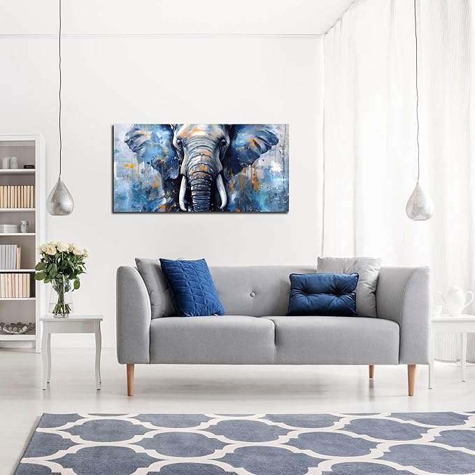 ENTANUB Elephant Wall Art for Lving room, Animal Canvas Wall Decor for Bedroom, Blue Picture Print Arwork, Size 20x40 Inches