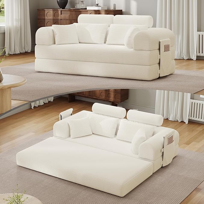 Upgrade High Backrest Design Sofa Bed with Fixed-Shape Frame & Removable Armrests and Backrest, 2 Corduroy Pillow, Convertible Mattress Couch for Small Spaces - No Assembly (High Backrest Beige)
