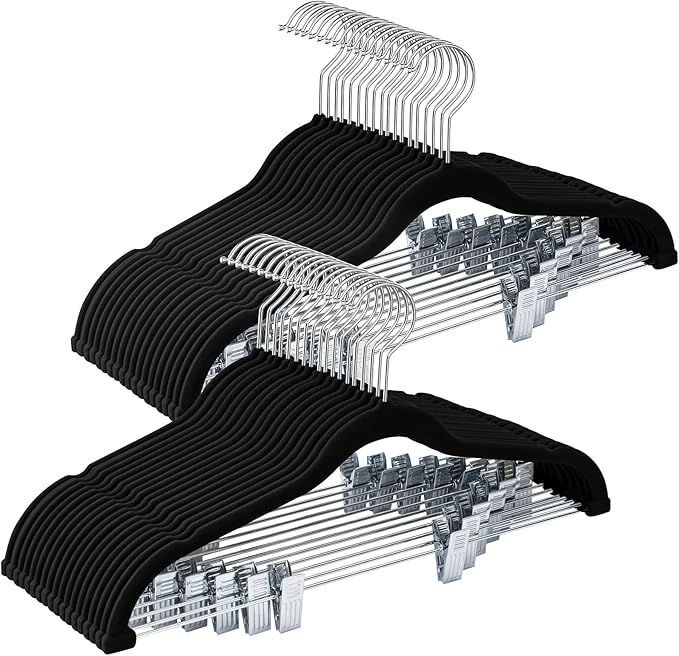 36-Pack Black Velvet Hangers with Clips Adjustable,Adult Hangers,Heavy-Duty,Felt,Non-Slip,Space Saving,Slim Outfit Hanger for Pants, Skirts, Suits,Coats, Dresses ect.