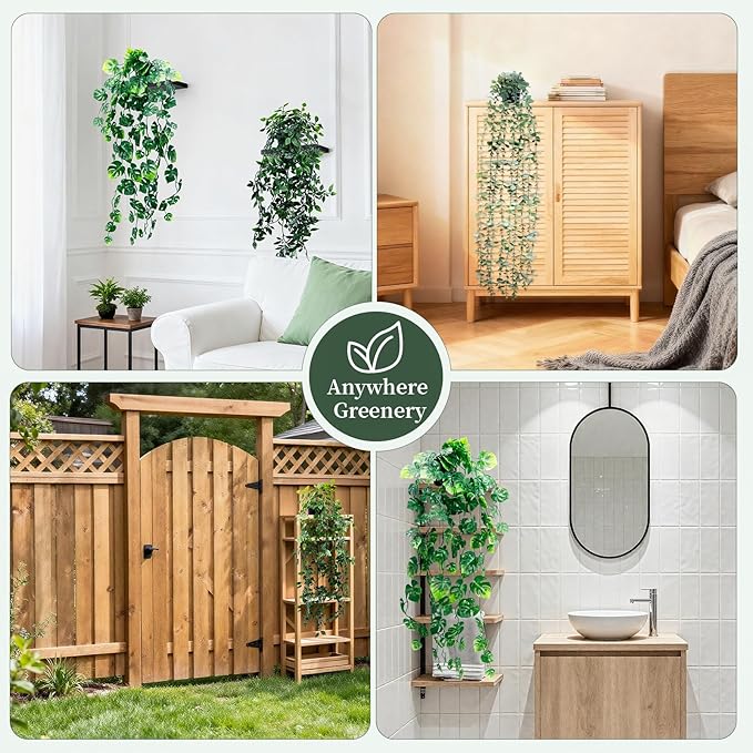 Artificial Hanging Plants for Shelf, 3-Pack Fake Potted Greenery Faux Mandala Monstera and Eucalyptus Vines in Black Pot, Décor for Office Living Room Bathroom Indoor Outdoor