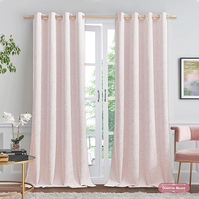 Beauoop Pink Floral Jacquard Blackout Curtains 84 Inches Long 2 Panels for Bedroom Living Room Chenille Flower Room Darkening Thermal Insulated Soundproof Grommet Window Treatments Drapes, 52x84