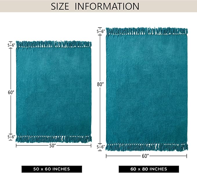 Chenille Throw Blanket for Couch 60"X 80" Twin, Soft Cozy Throws with Fringe Tassel for Bed Sofa Chair Cover, Lightweight Knitted Decorative Boho Blankets for Living Room, Teal
