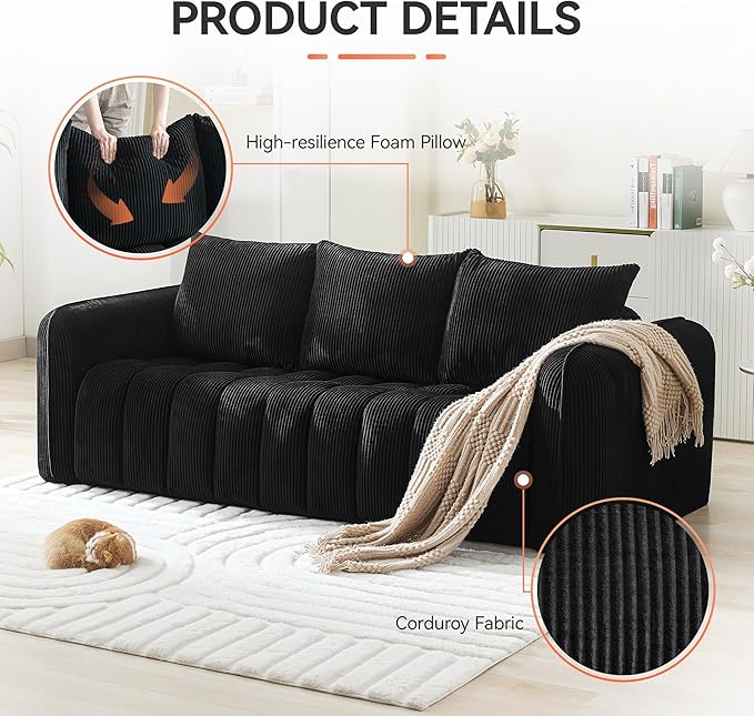Corduroy Boneless Living Room Sets, Modern Upholstered 3 Seater Sofa with 2 Signle Accent Chairs, Comfy Deep Seat Cloud Sofa Couch Sets for Living Room, Black