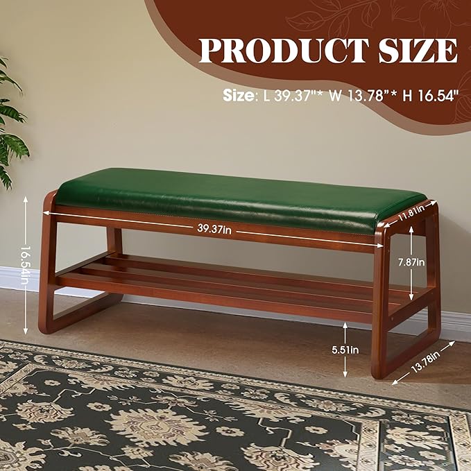 HABUTWAY Solid Wood Shoe Rack, Entryway Shoe Bench with Cushion, 2 Tier Shoes Organizer for Entryway, Hallway, Living Room-(Green,39.37"-L)