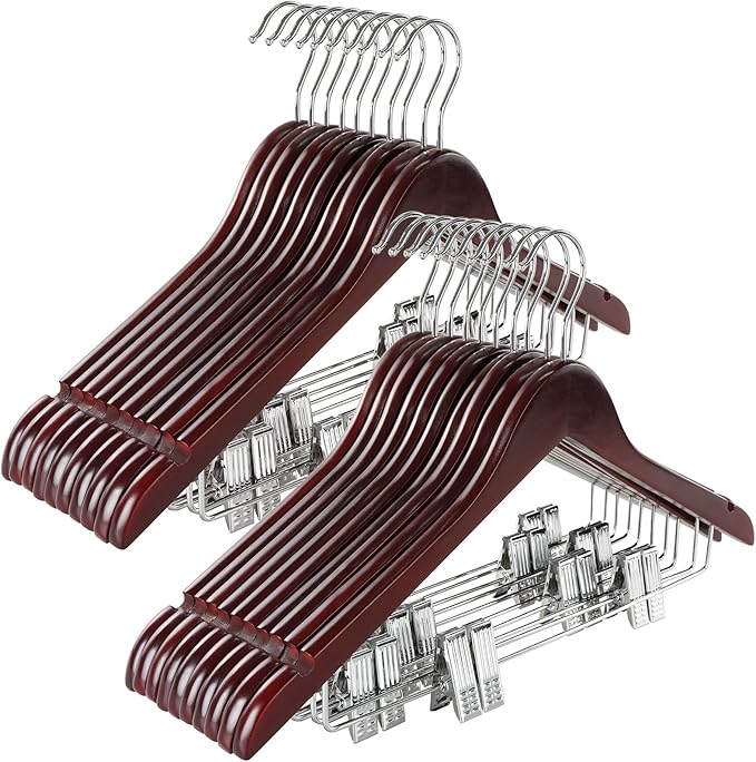 TOPIA HANGER Wooden Suit Hangers with Adjustable Metal Clips (20 Pack), Solid Wood Clothes Hangers, 360° Swivel Hook, Premium Retro Finish Pants Hangers for Clothes Coat, Jeans, Blouse- Cherry CT28M20