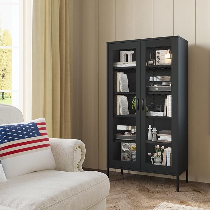 COFaR Modern Mesh Storage Cabinet, Free Standing Tall Pantry, Cupboard Metal Display Cabinet for Living Room, Kitchen, Dining Room