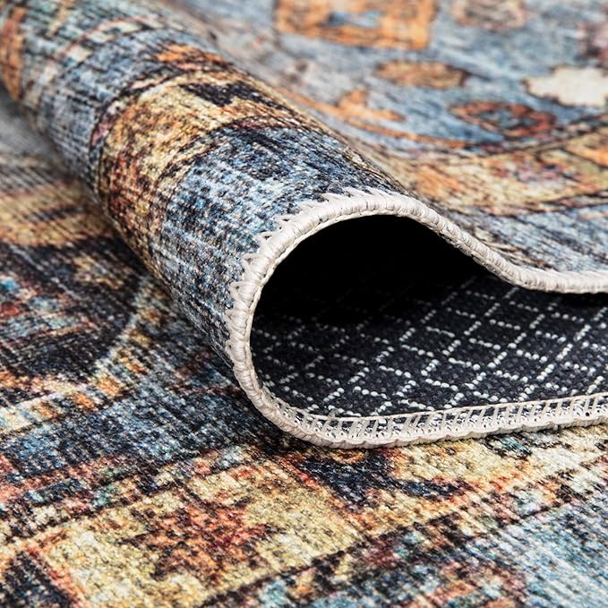 Bloom Rugs Washable Non-Slip 5' x 7' Rug - Blue/Orange Traditional Bordered Area Rug for Living Room, Bedroom, Dining Room, and Kitchen - Exact Size: 5' x 7'