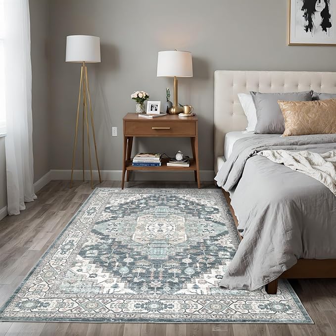 9x12 Vintage Washable Area Rug for Living Room,Low Pile Non Slip Carpet Non-Shedding Large Area Rug Soft Indoor Stain Resistant Rug Boho Print Mat for Bedroom Dining Room Blue Beige Multi
